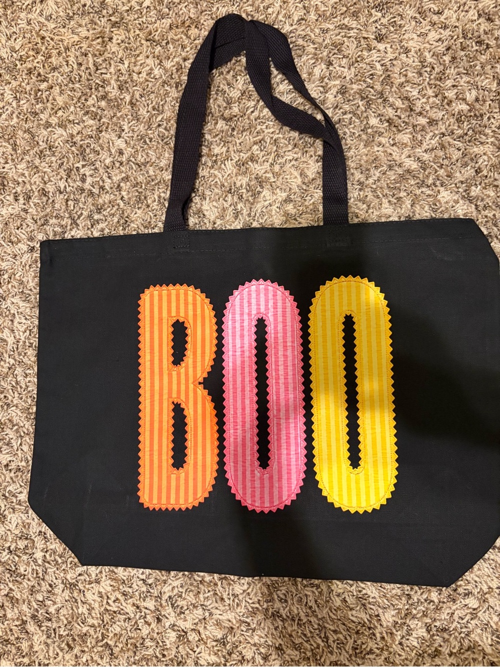 Black Halloween 'BOO' Tote Bag with Orange Pink and Yellow Letters